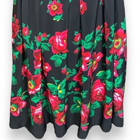 Recultured Designs Adela Dress Black Red Folkloric Floral Print Pleated Retro - Picture 3 of 10
